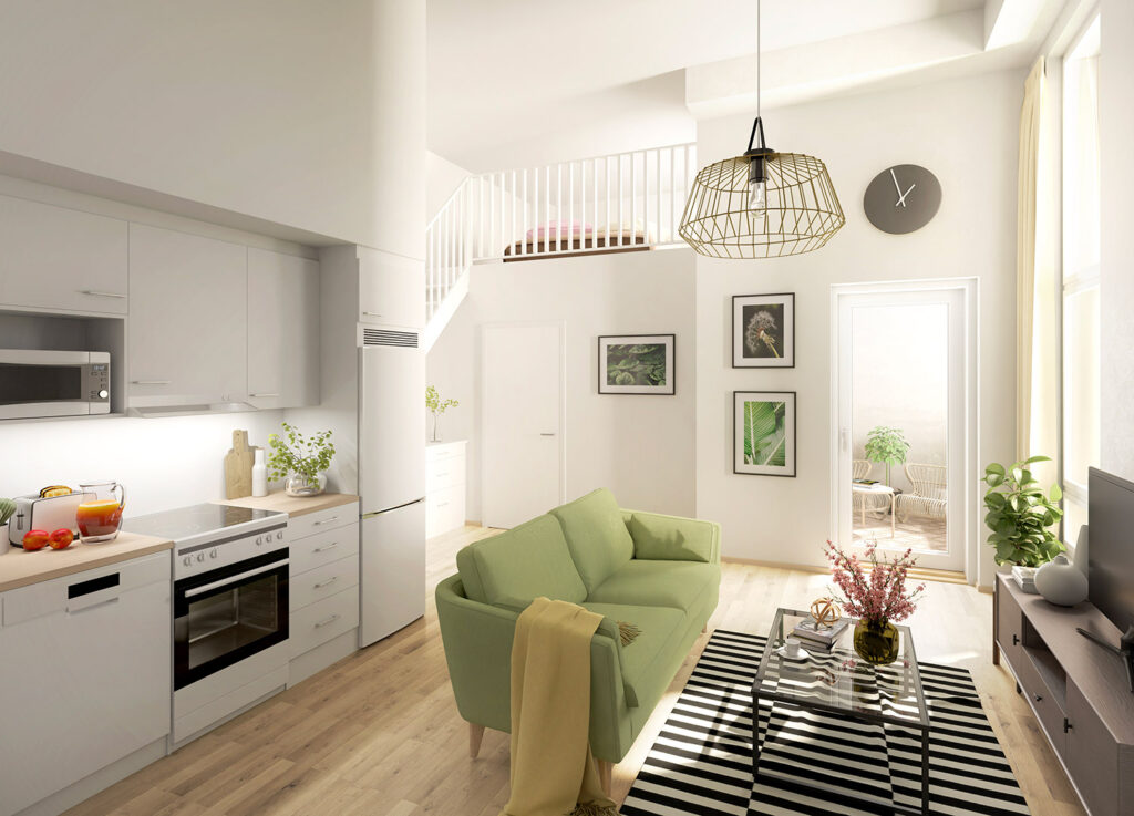 Sisäkuva asunnosta. Vaalea keittiö ja viihtyisä olohuone.